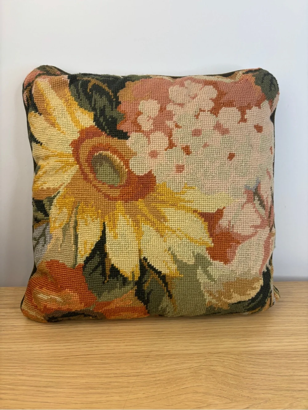 Vintage Floral Tapestry Needlepoint Throw Pillow - Multi-Color Velvet Back